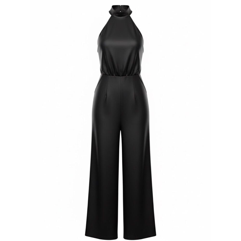 ROKOKO Black Satin-Style Halter Neck Jumpsuit Wide Legged Silhouette Size Small